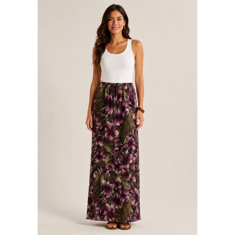 Vintage Teddi Drawstring Skirt Medium Green Purple Tropical Island Resortwear
